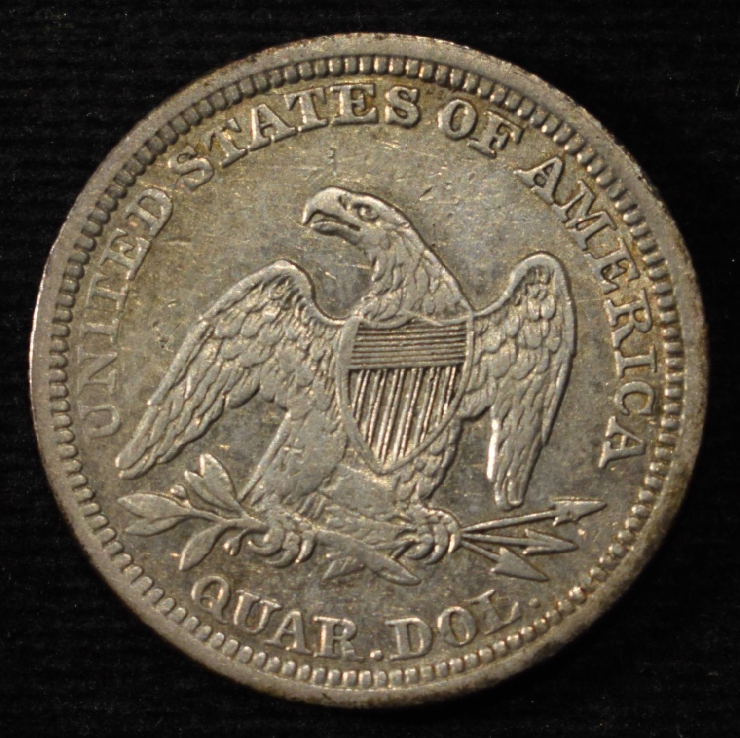 1858 SEATED LIBERTY QUARTER VF