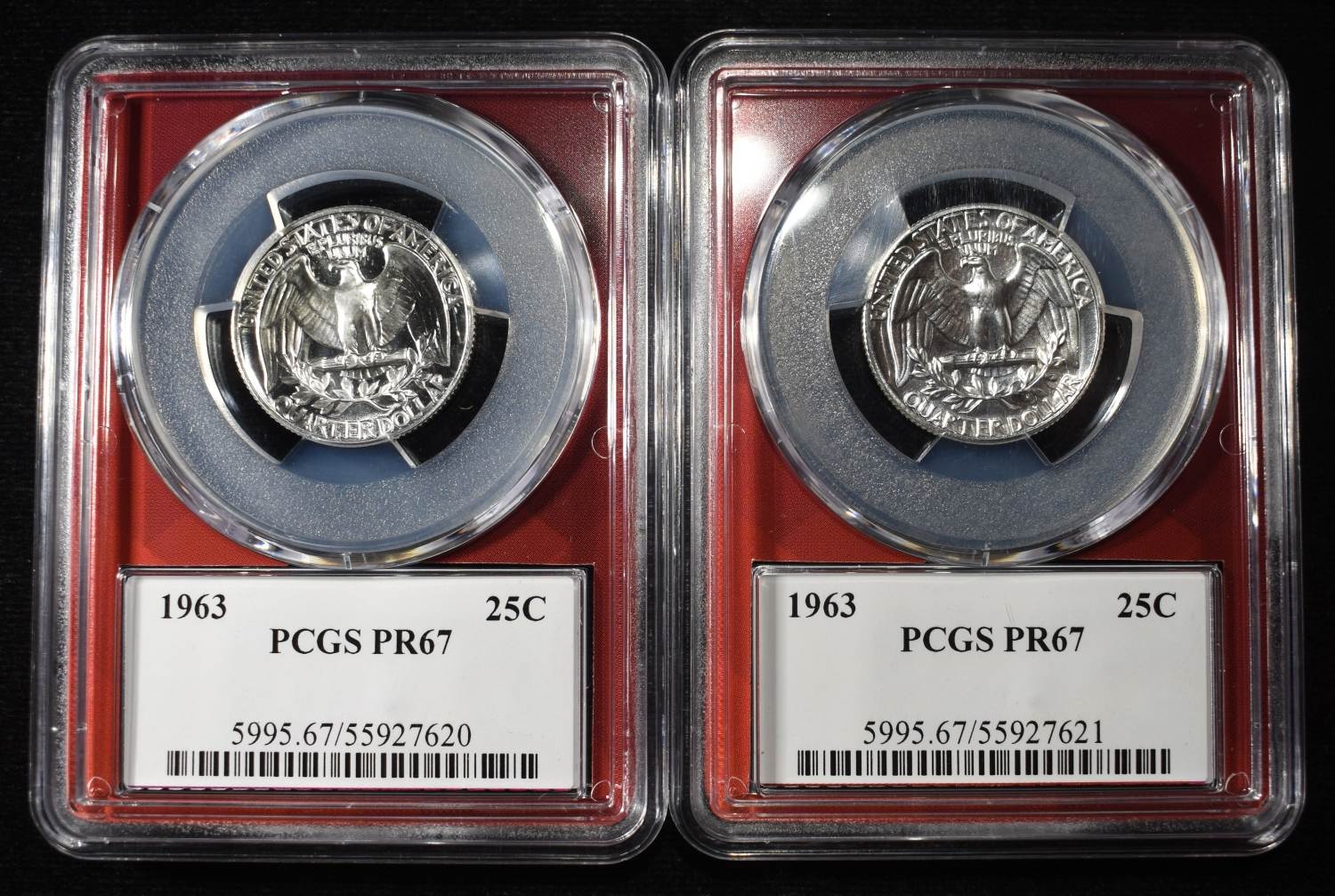 (2) 1963 WASHINGTON QUARTERS PCGS PR-67