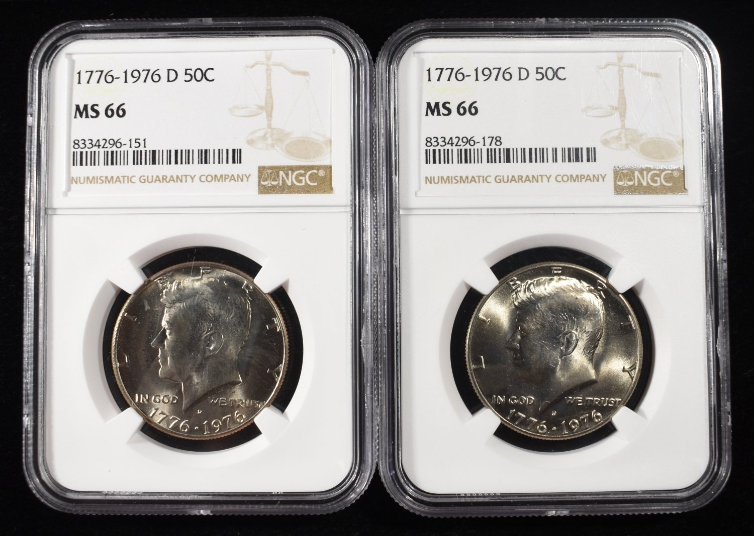 (2) 1776-1976-D KENNEDY HALF DOLLARS NGC MS66