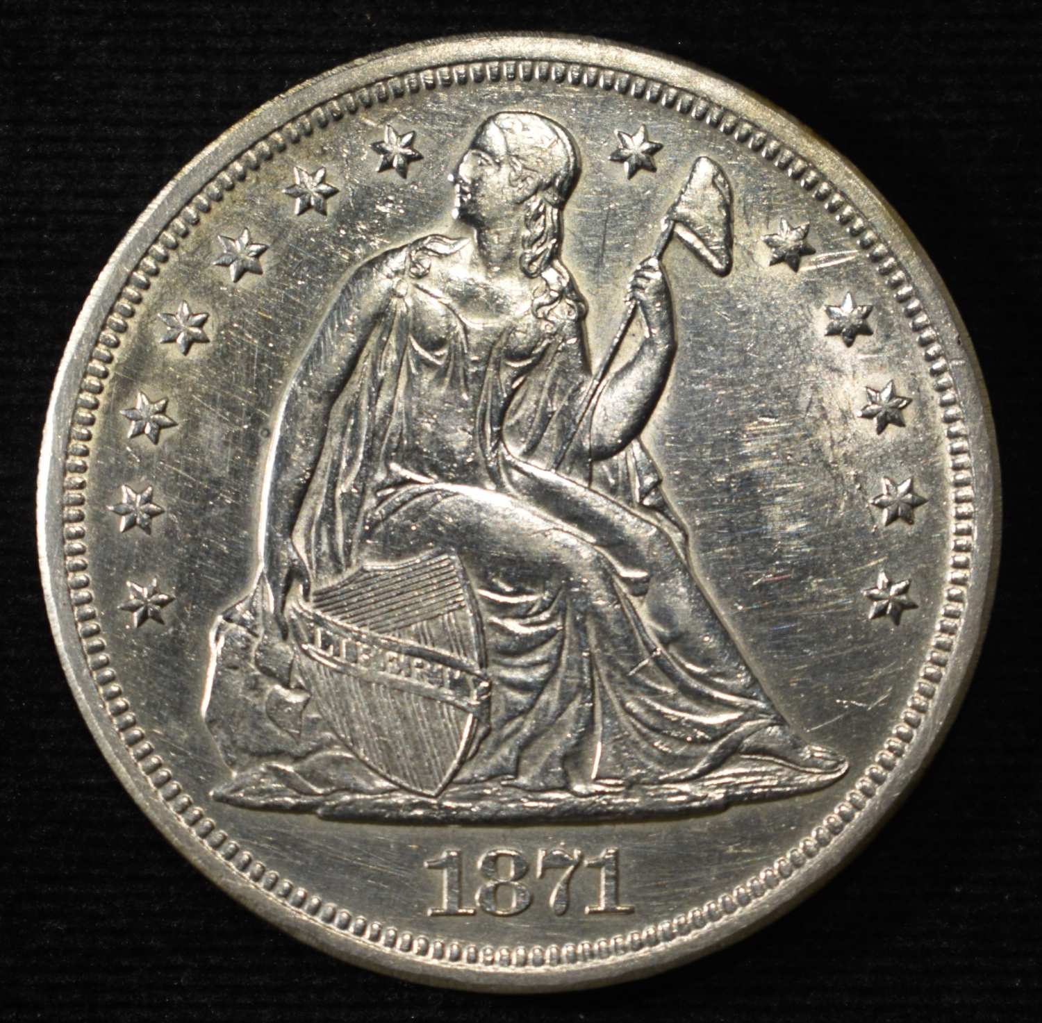 1871 SEATED LIBERTY DOLLAR CH AU