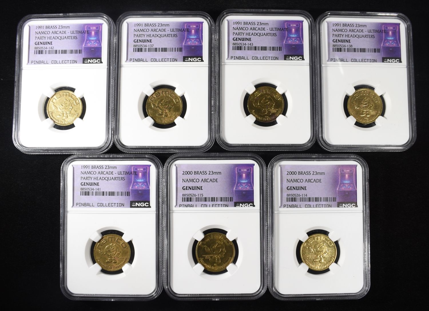 (7) BRASS 23MM NAMCO ARCADE TOKENS GENUINE NGC