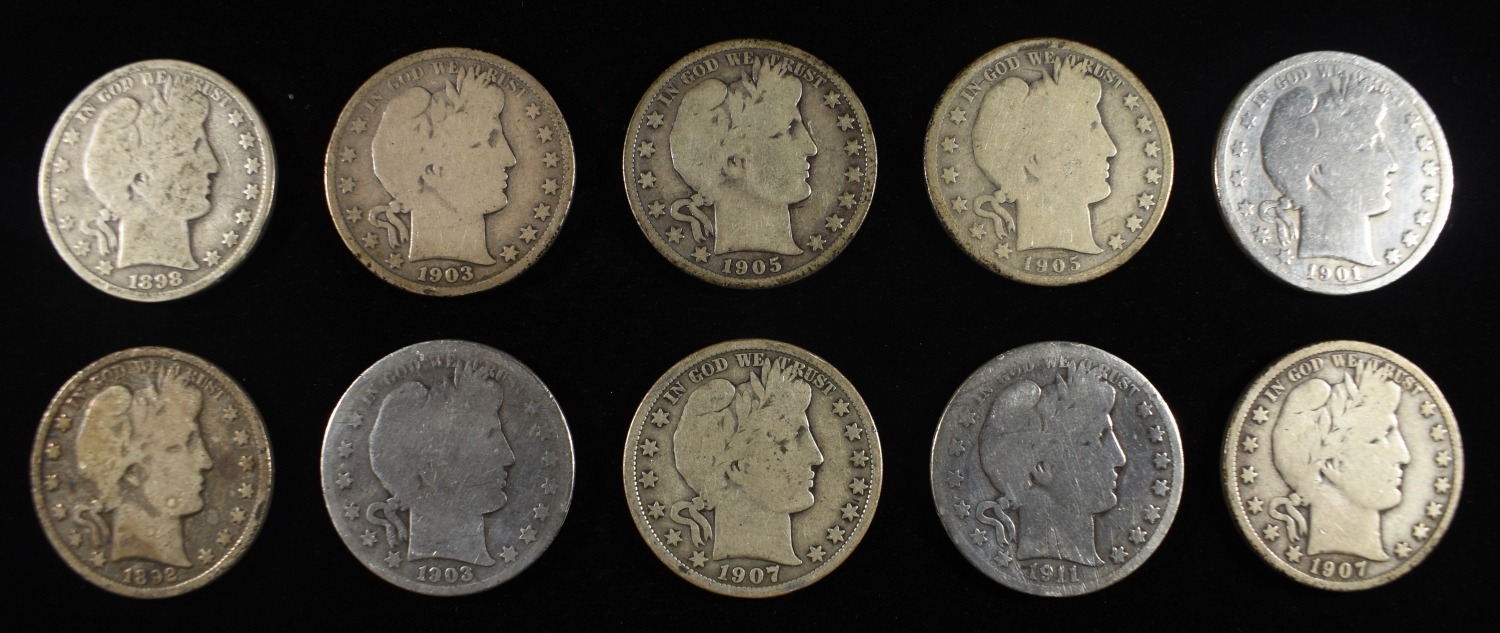(10) 90% SILVER BARBER HALF DOLLARS