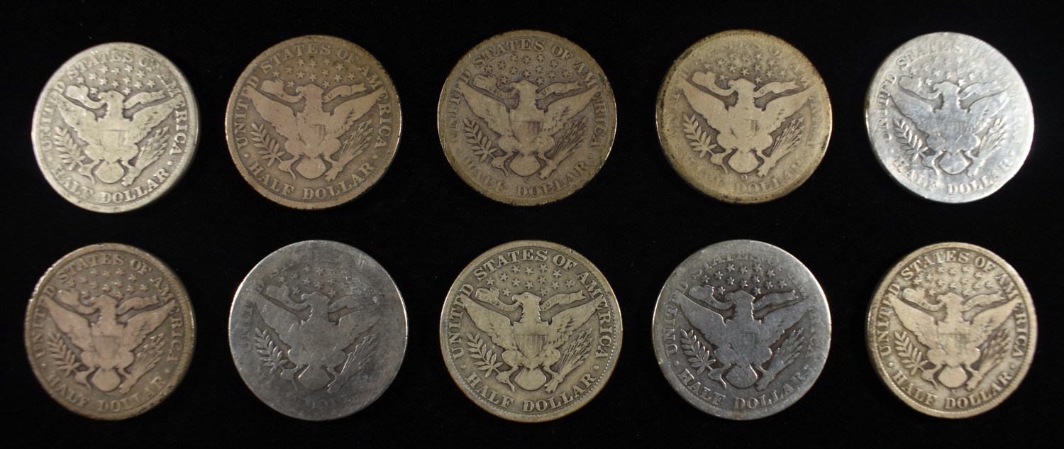 (10) 90% SILVER BARBER HALF DOLLARS
