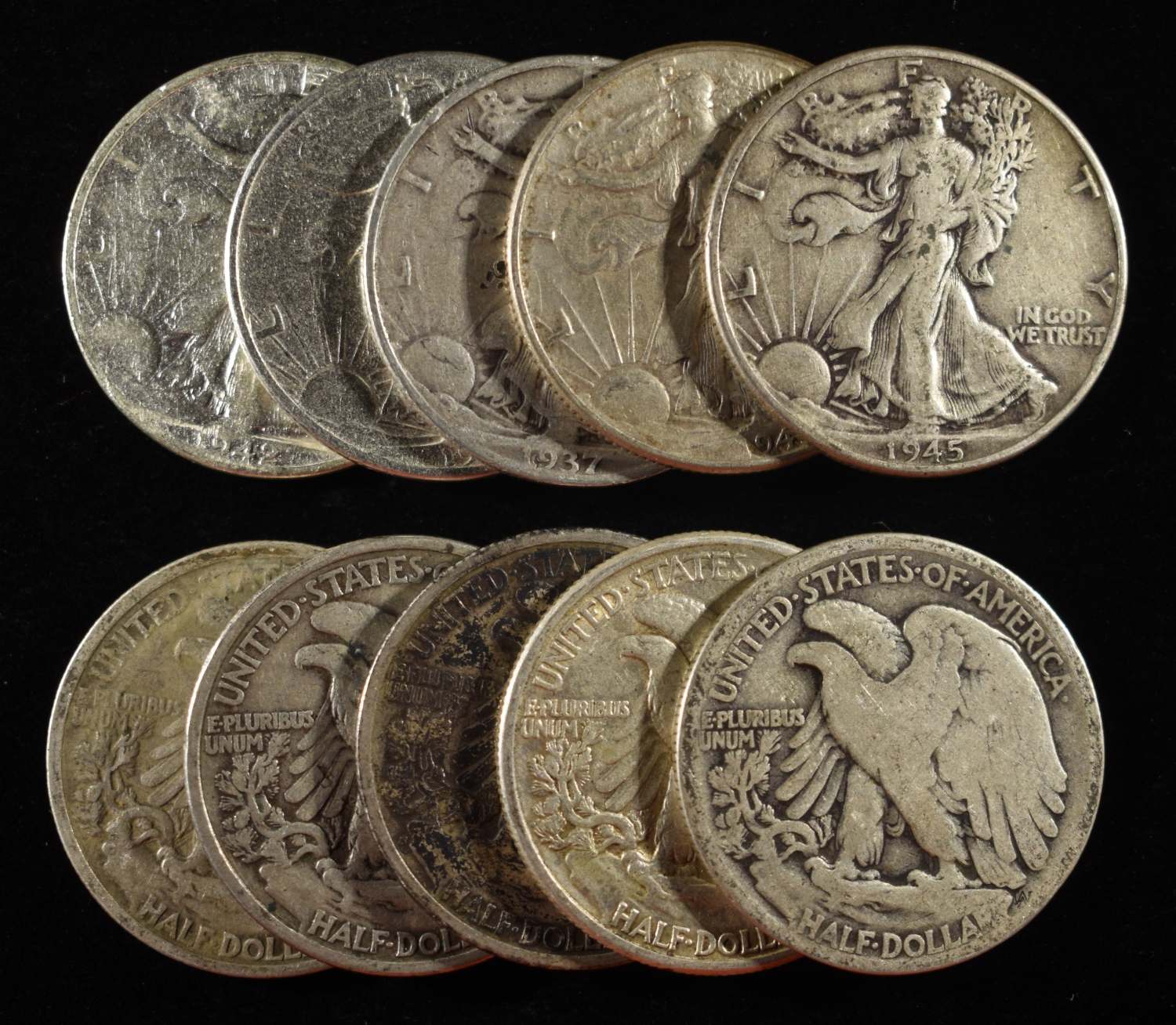 (10) 90% SILVER WALKING LIBERTY HALF DOLLARS
