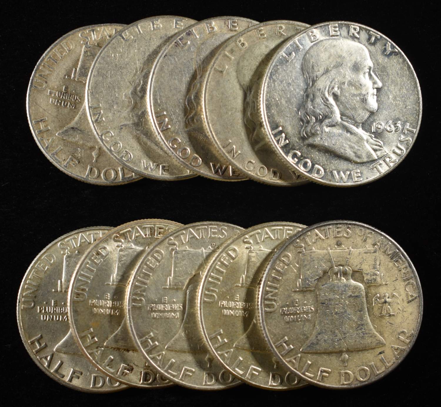(10) 90% SILVER FRANKLIN HALF DOLLARS