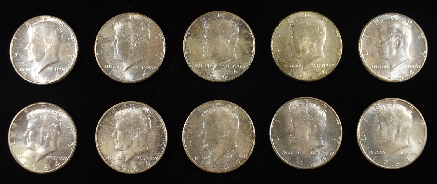 (10) 90% SILVER KENNEDY HALF DOLLARS