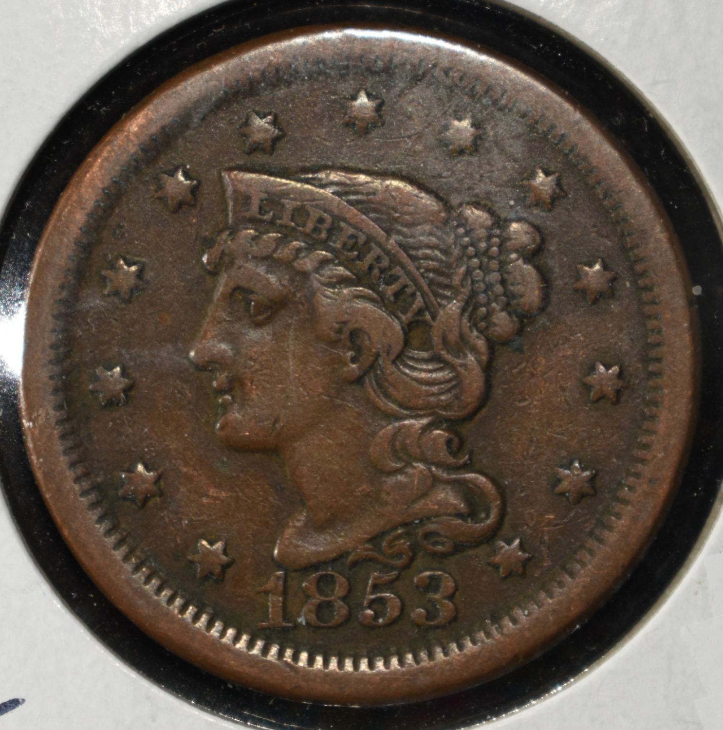 1853 BRAIDED HAIR LARGE CENT XF