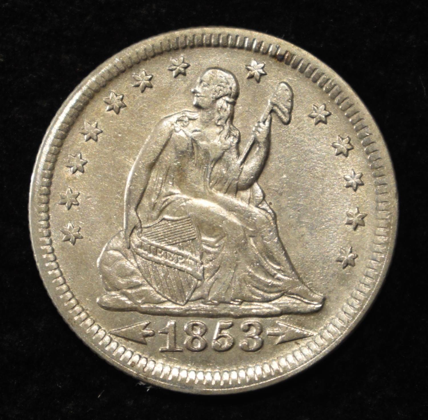 1853 LIBERTY SEATED QUARTER ARR. & RAYS AU/UNC