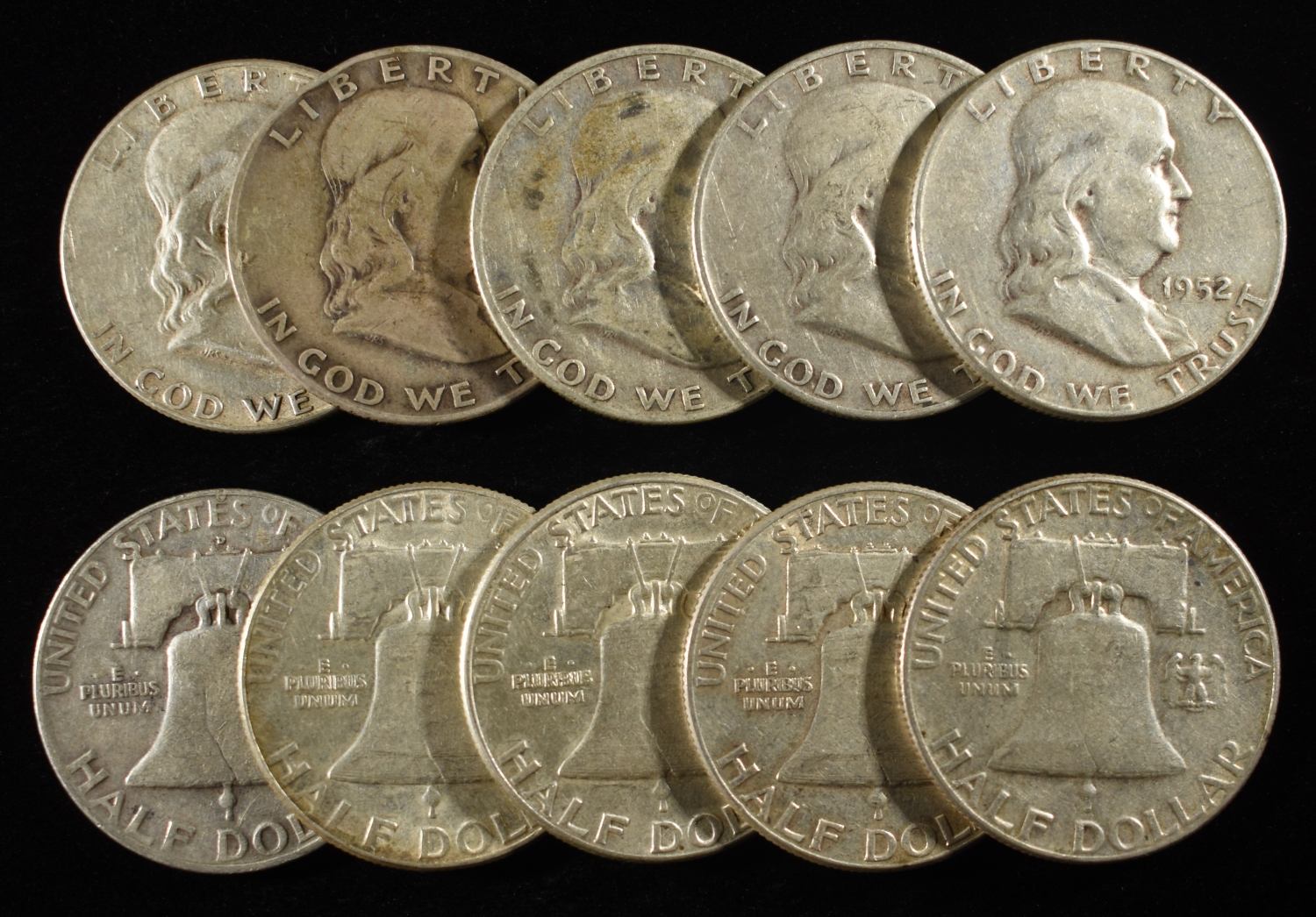 (10) 90% SILVER FRANKLIN HALF DOLLARS