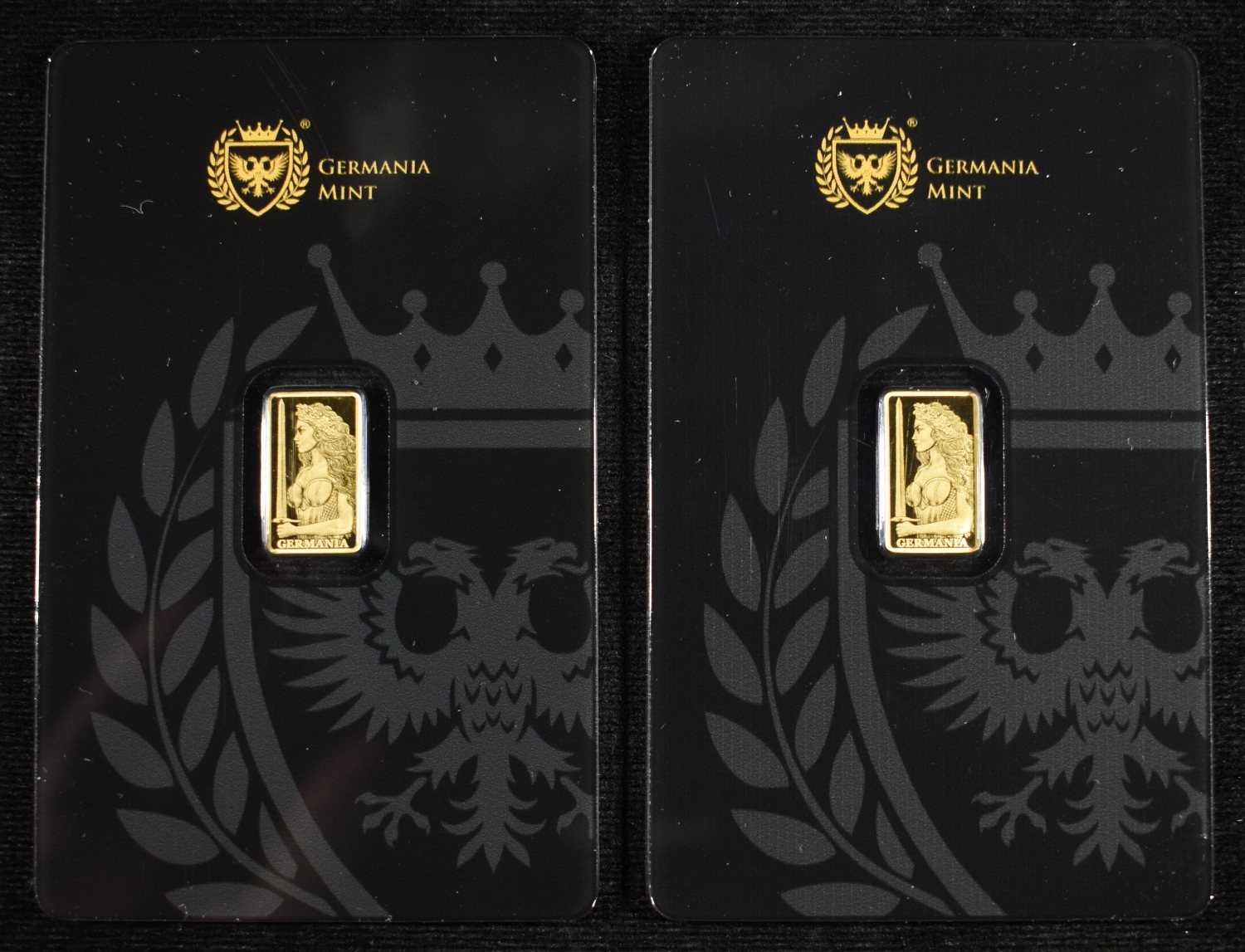(2) GERMANIA MINT 1/200TH .9999 GOLD BARS PROOF