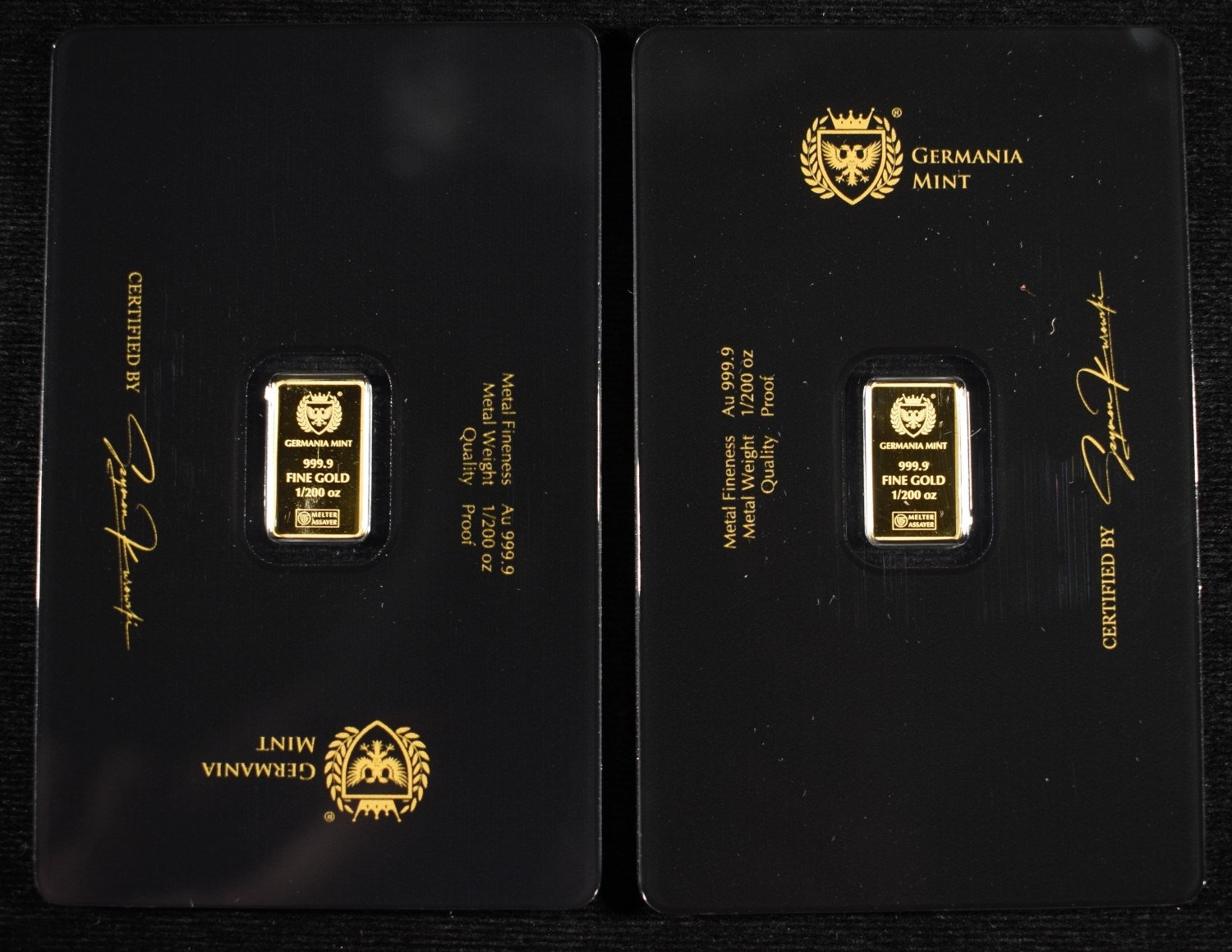 (2) GERMANIA MINT 1/200TH .9999 GOLD BARS PROOF