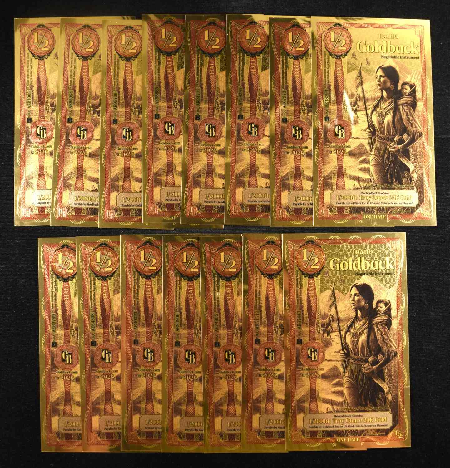 (15) $1/2 GOLDBACKS 1/2000TH TROY OZ 24K GOLD