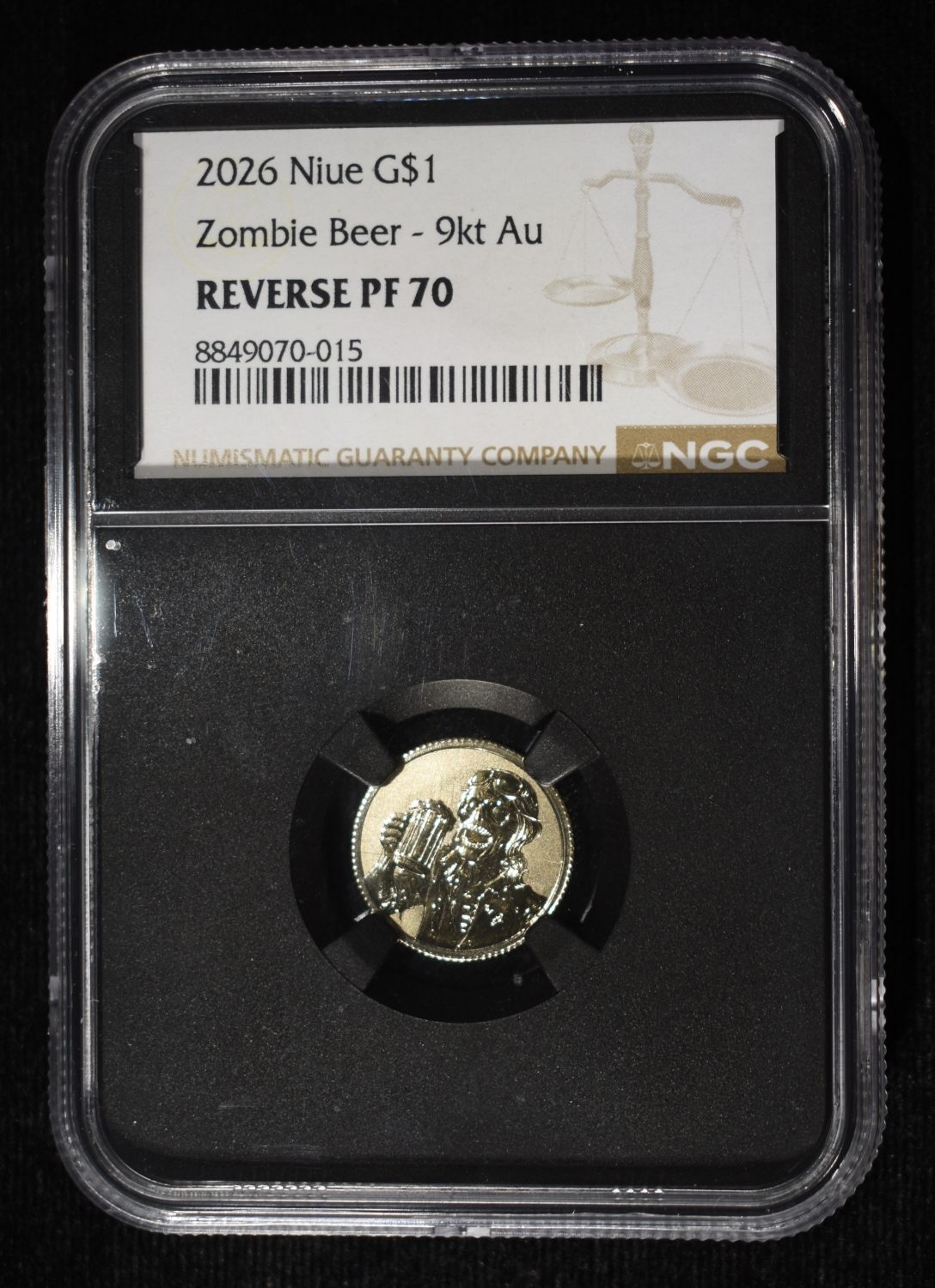 2026 NIUE G$1 ZOMBIE BEER 9KT AU REVERSE PF70 NGC