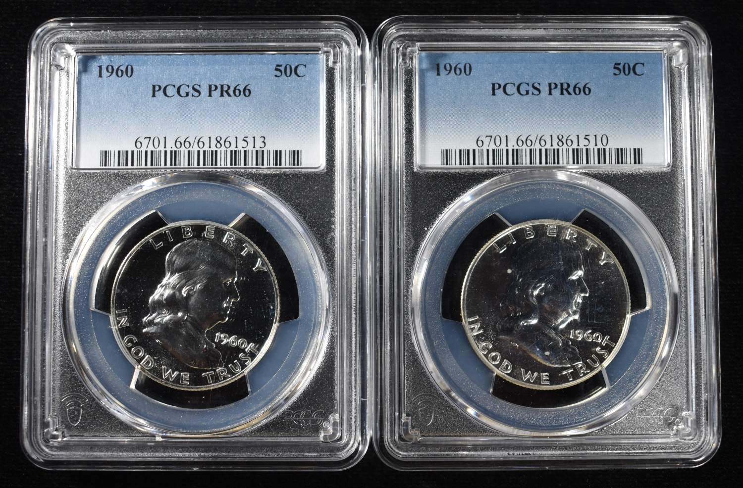 (2) 1960 FRANKLIN HALVES PCGS PR-66
