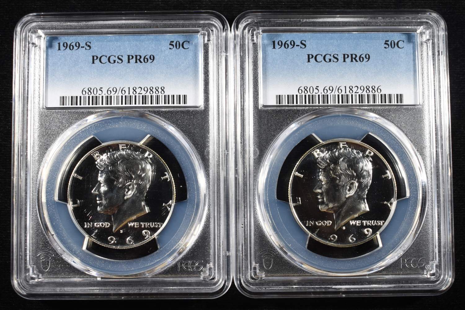 (2) 1969-S KENNEDY HALF DOLLAR PCGS PR-69
