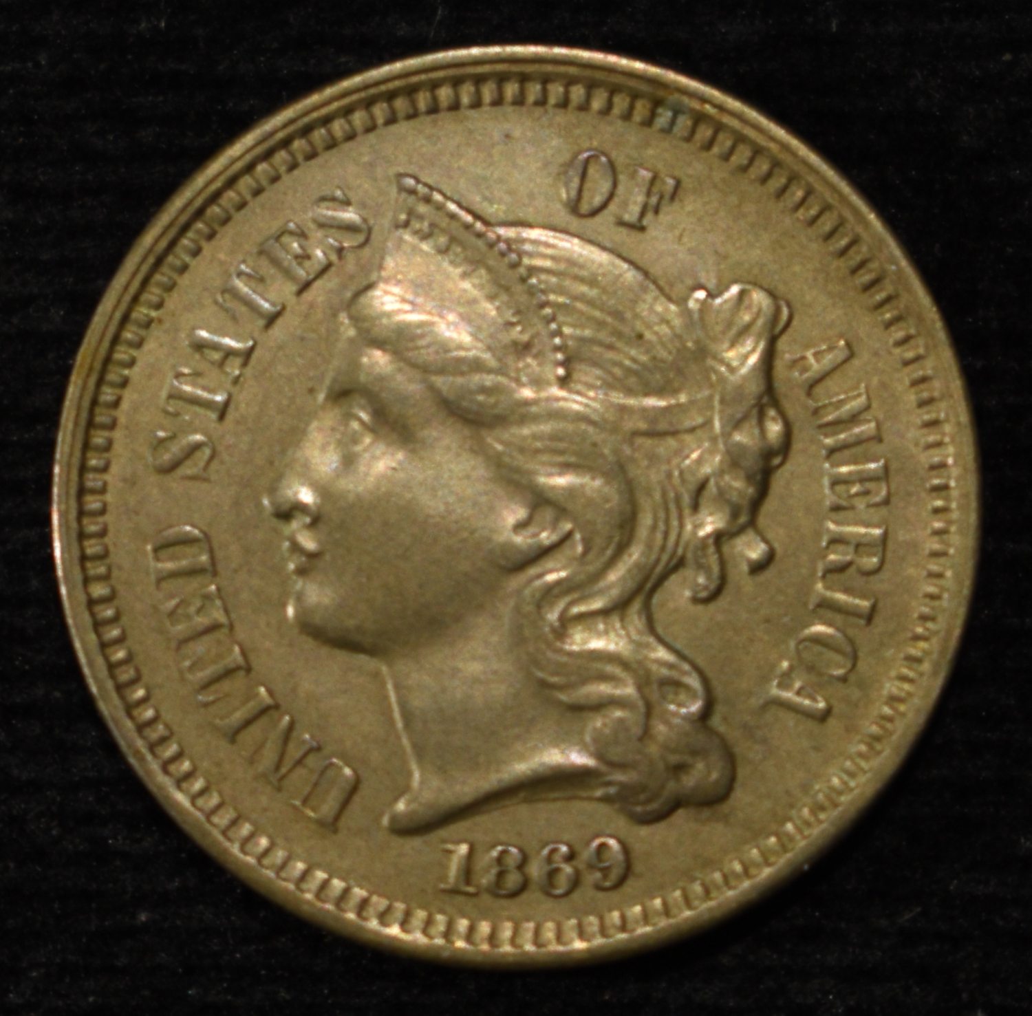 1869 3-CENT NICKEL VERY CH ORIG UNC