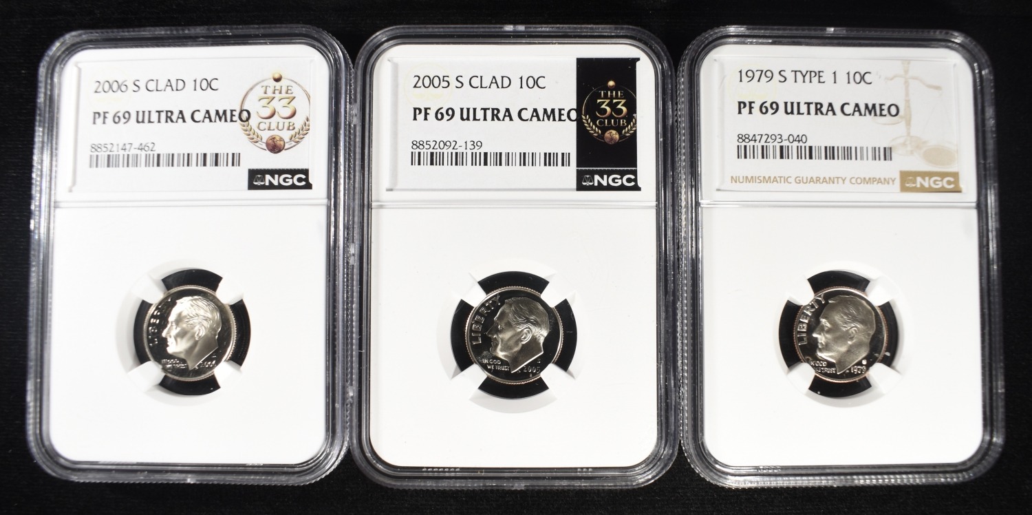 (3) NGC GRADED DIMES PF69 ULTRA CAMEO