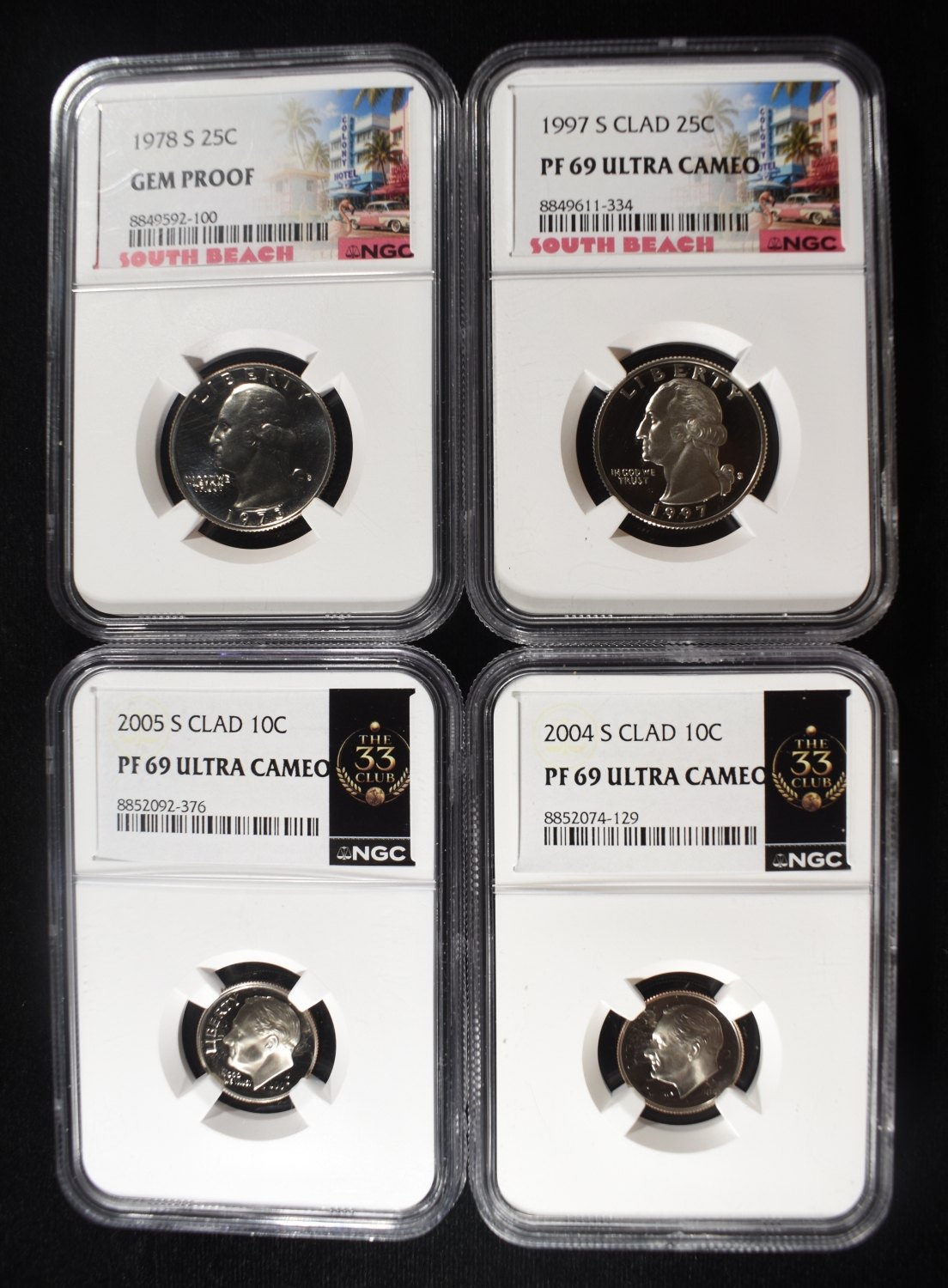 (2) ROOSEVELT DIME & (2) WASHINGTON 25C NGC GRADED