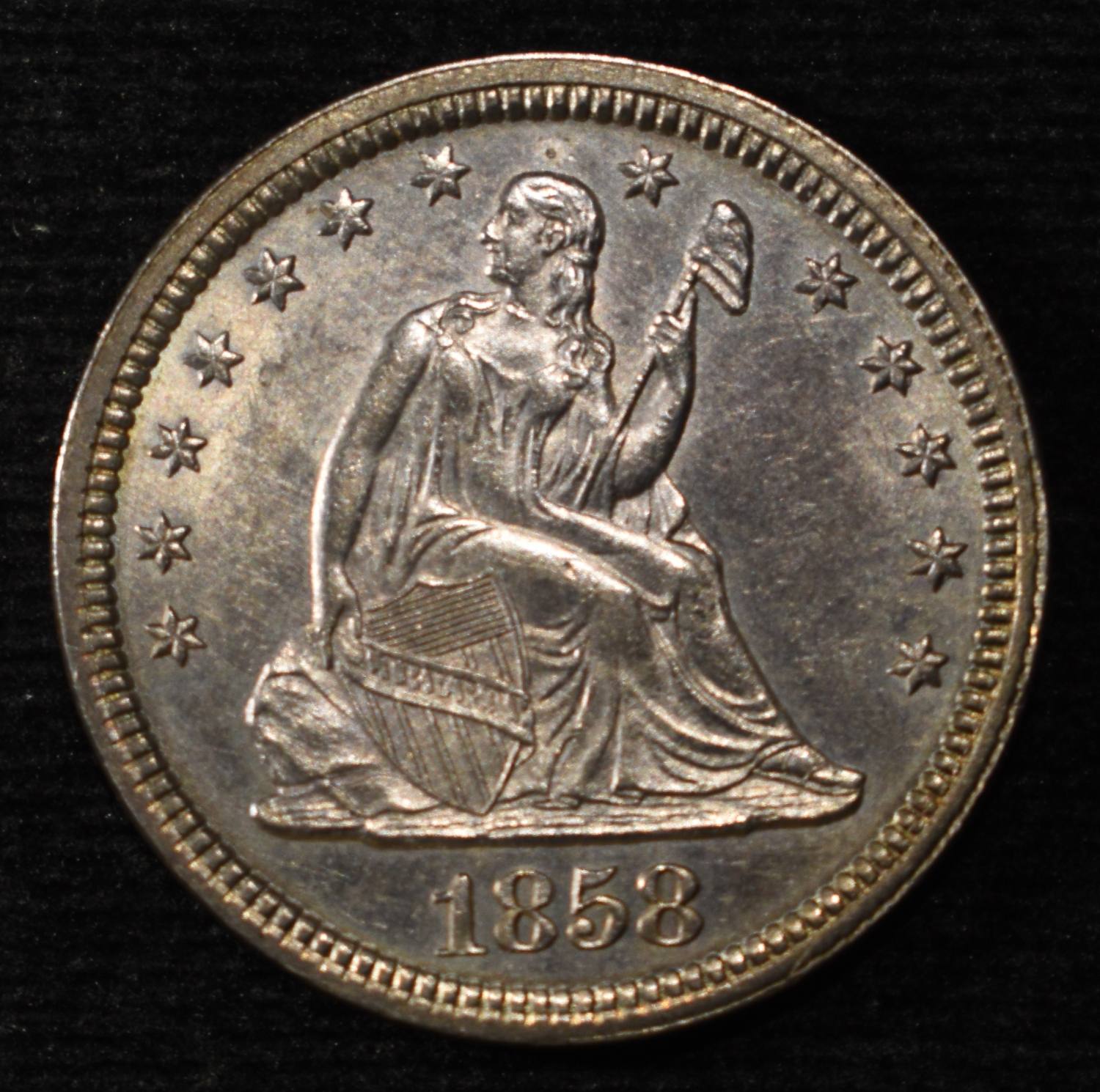 1858 SEATED LIBERTY QUARTER CH/GEM BU