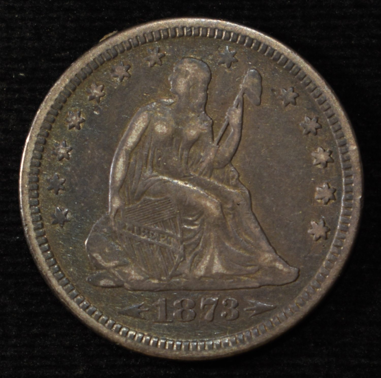 1873 ARROWS LIBERTY SEATED QUARTER LOVELY ORIG AU