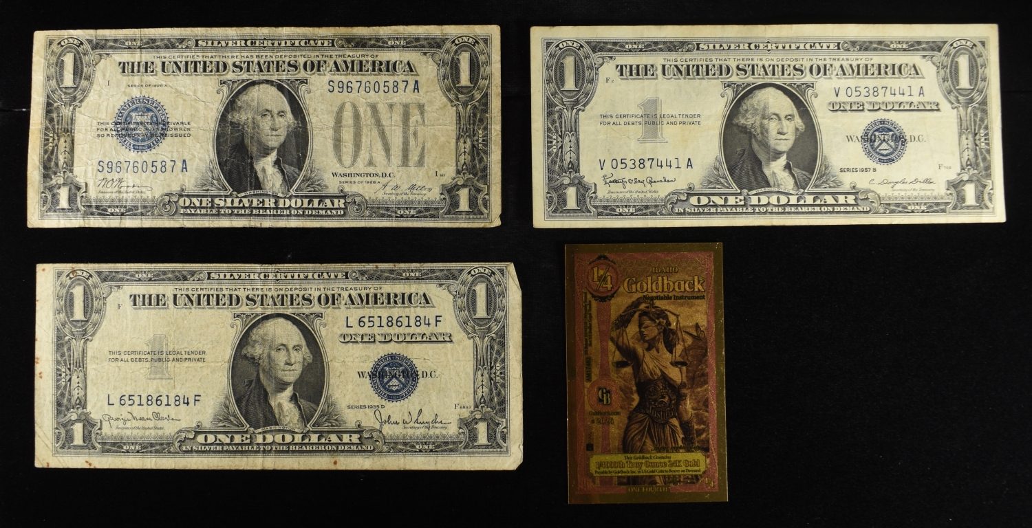 (1)GOLDBACK 1/4000 OZ 24K GOLD & (3)$1 SILVER CERT