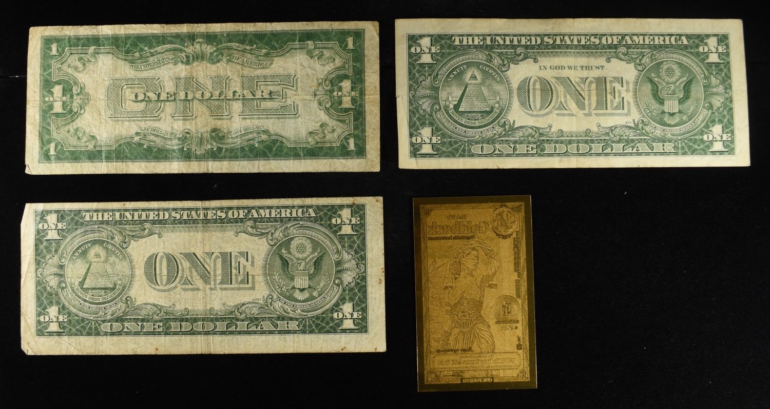 (1)GOLDBACK 1/4000 OZ 24K GOLD & (3)$1 SILVER CERT