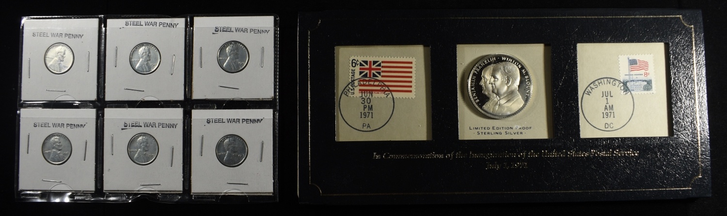 1971 92.5% SILVER PR COIN, (6) STEEL CENTS