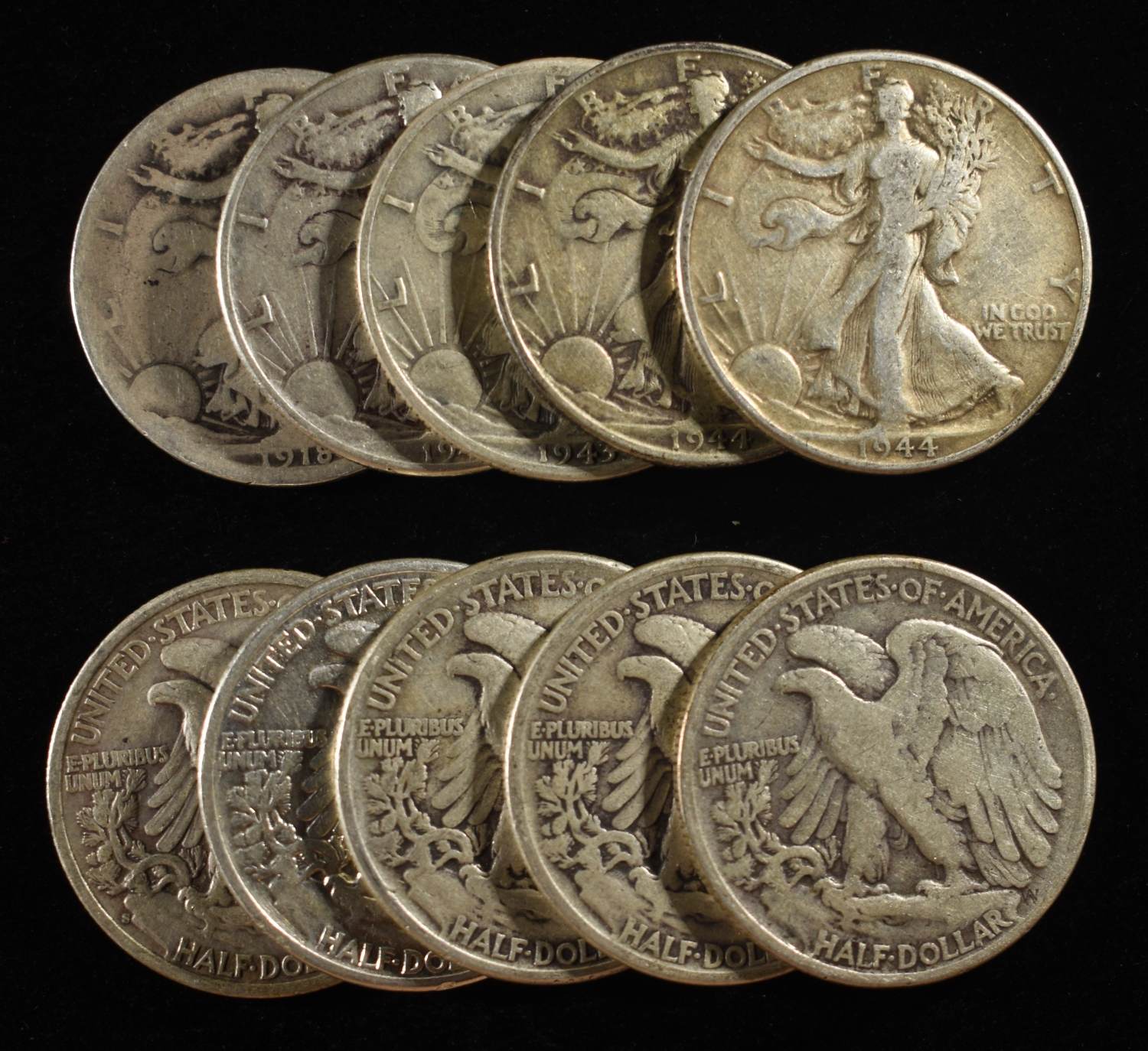 (10) 90% SILVER WALKING LIBERTY HALF DOLLARS