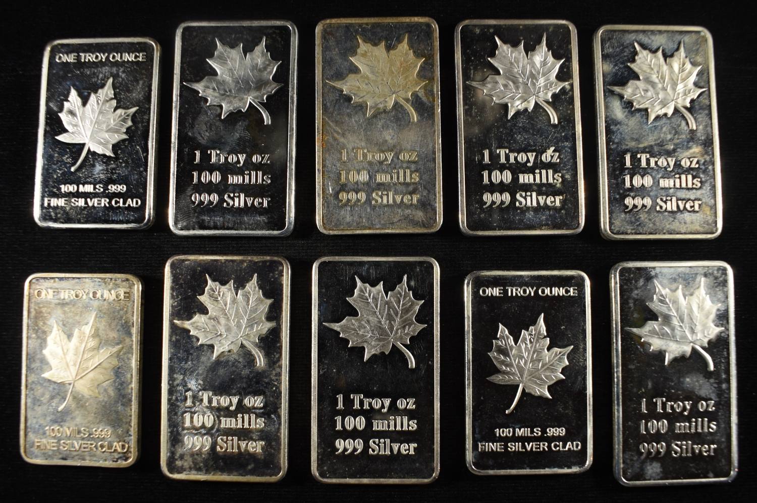 (10) 100 MILLS (PLATED) 1 TROY OZ 0.999 SILVER BAR