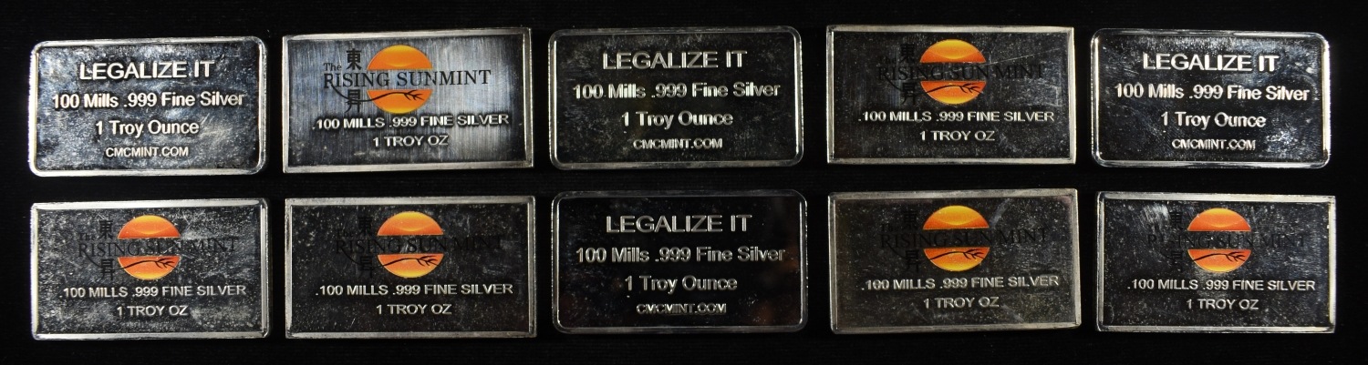 (10) 100 MILLS (PLATED) 1 TROY OZ 0.999 SILVER BAR