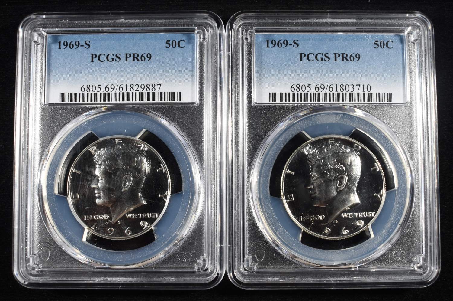 (2) 1969-S KENNEDY HALF DOLLARS PCGS PR-69