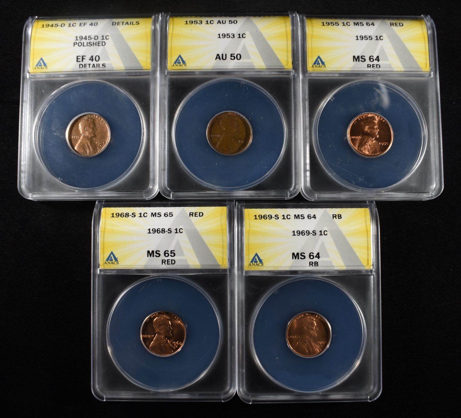 5 ANACS GRADED LINCOLN CENTS