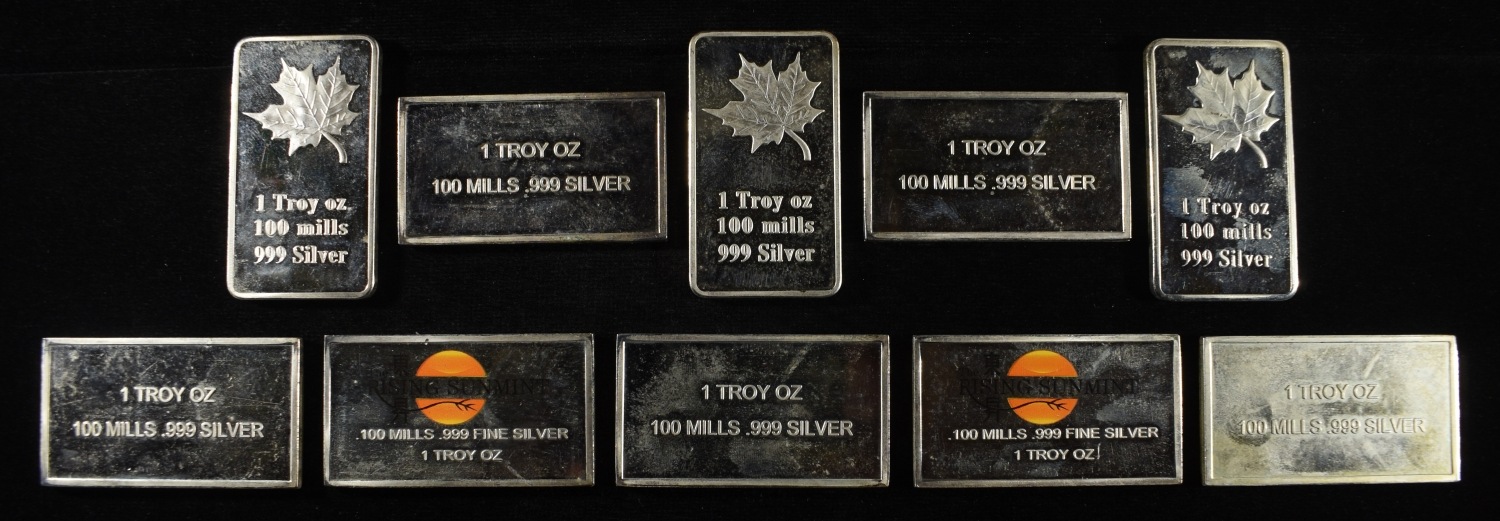 (10) 100 MILS (PLATED) 1 TROY OZ .999 SILVER BAR