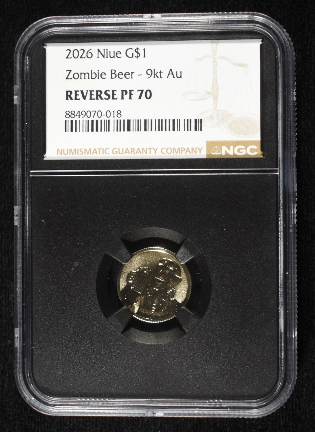 2026 NIUE G$1 ZOMBIE BEER 9KT AU REVERSE PF70 NGC