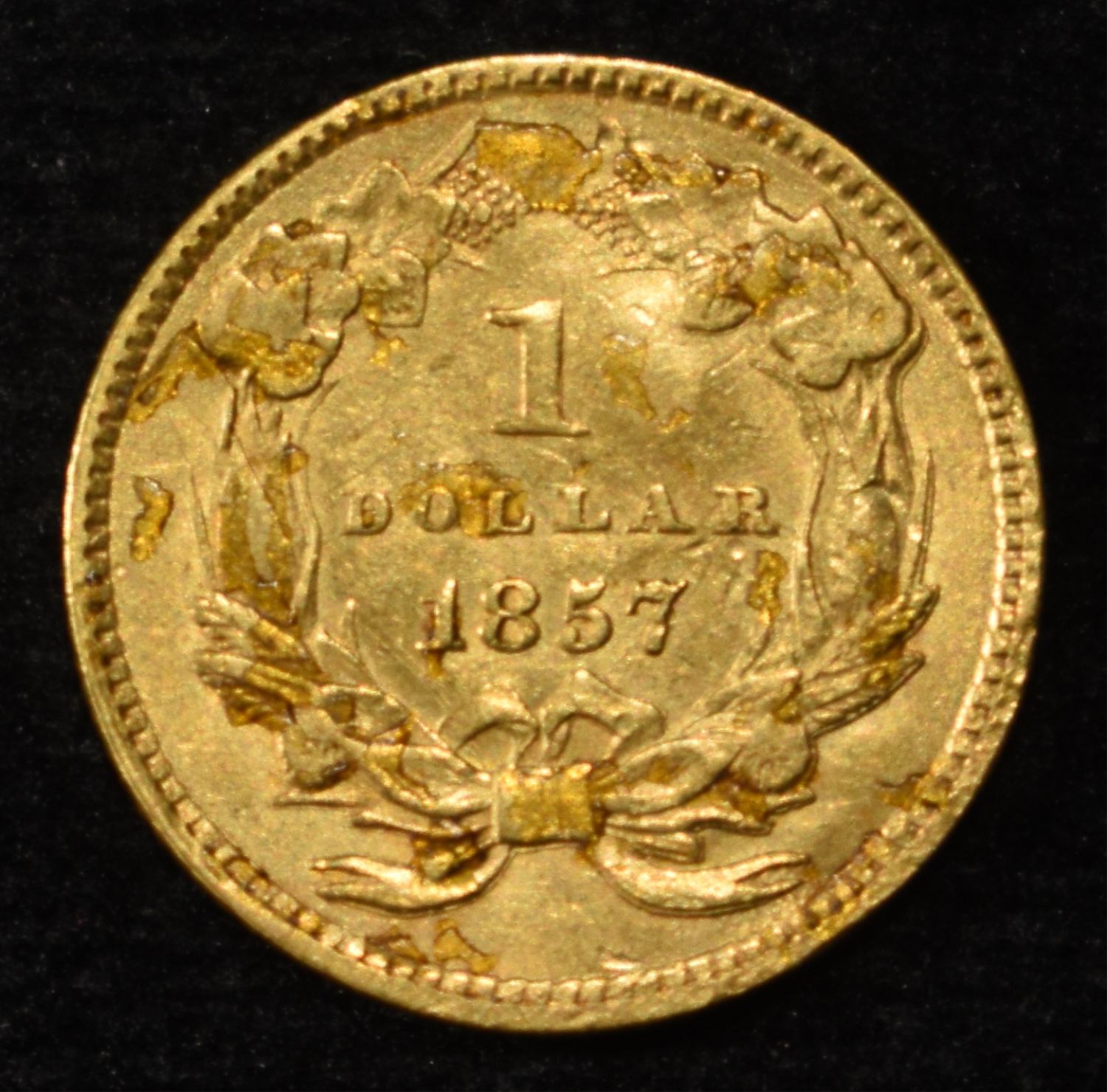 1857 T-3 $1 GOLD AU DAMAGED