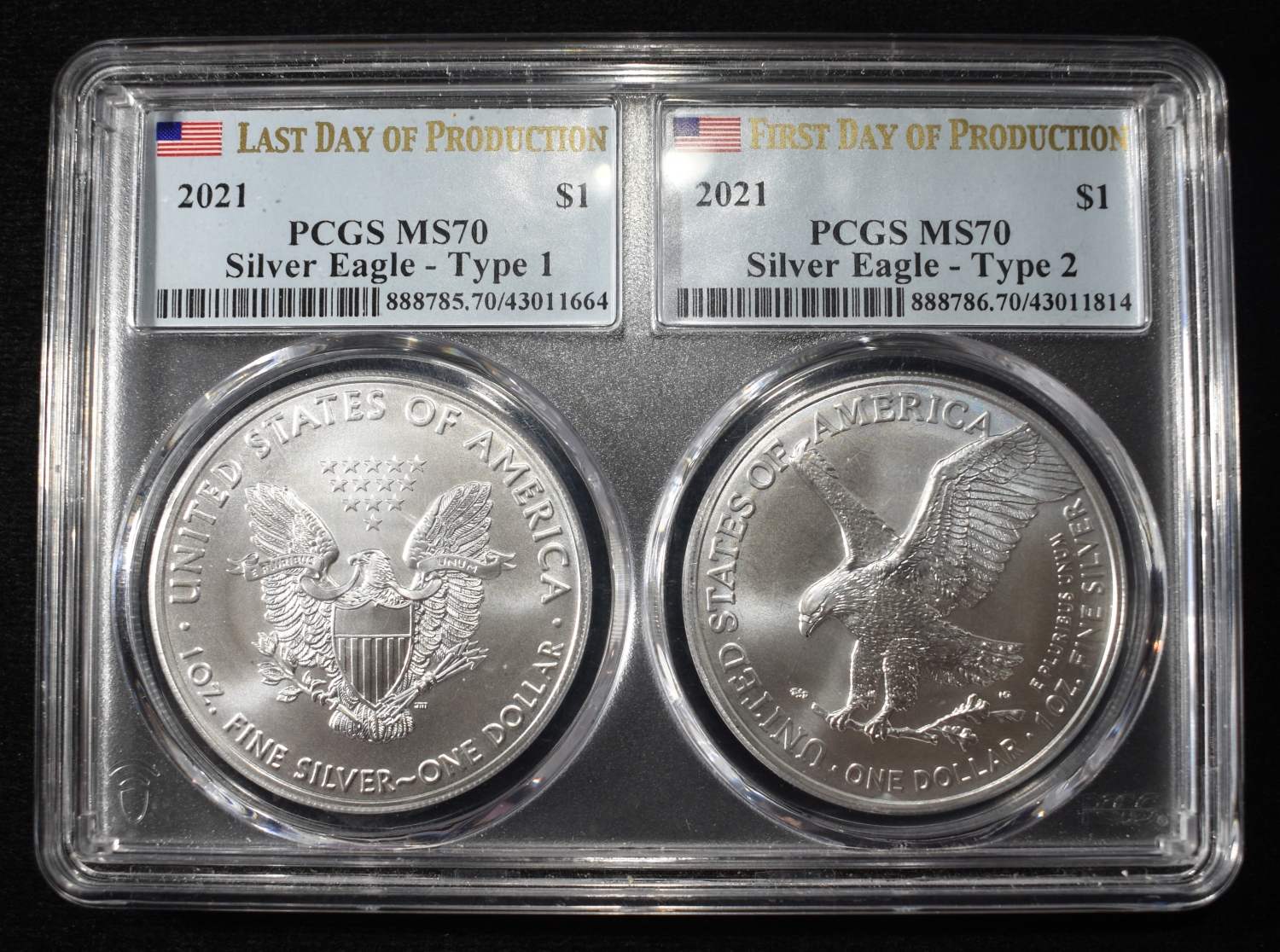 2021 AMERICAN SILVER EAGLES TYPE 1 & 2 PCGS MS70