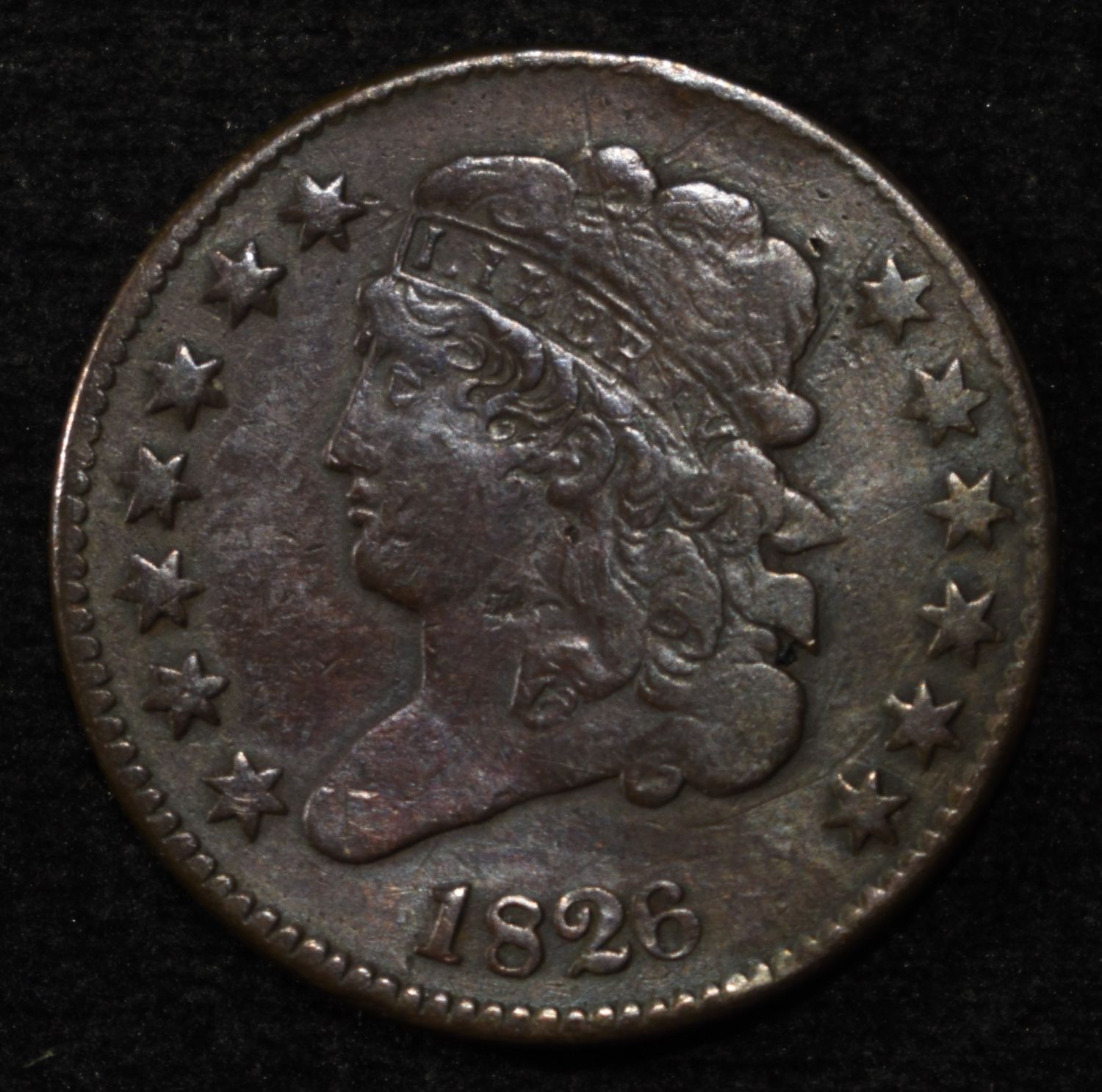1826 HALF CENT XF DAMAGE