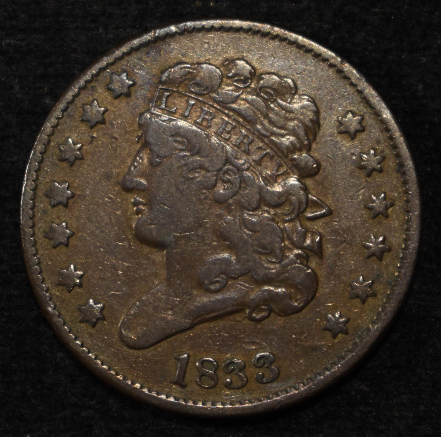 1833 HALF CENT VF/XF