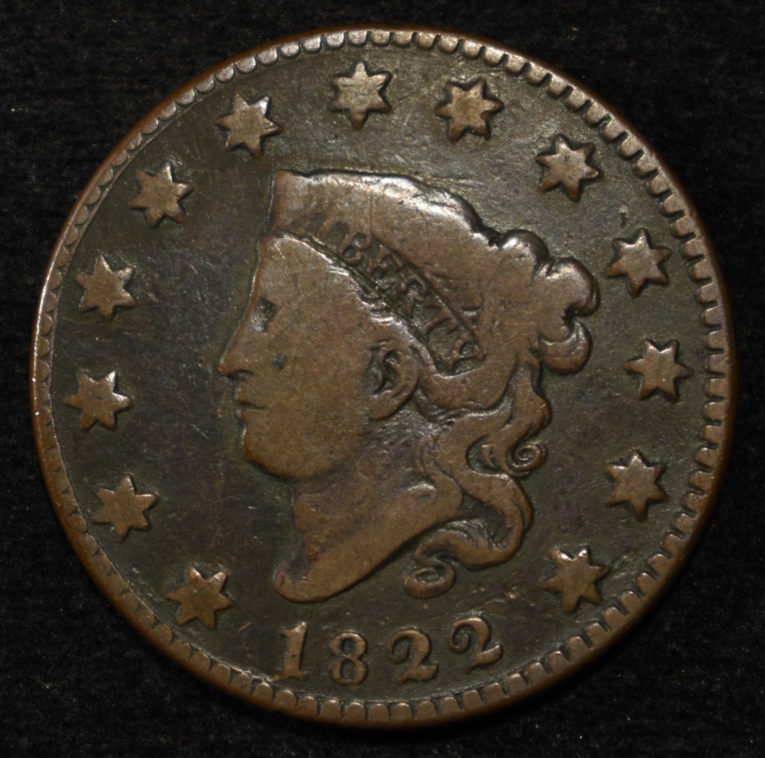 1822 LARGE CENT VG/F