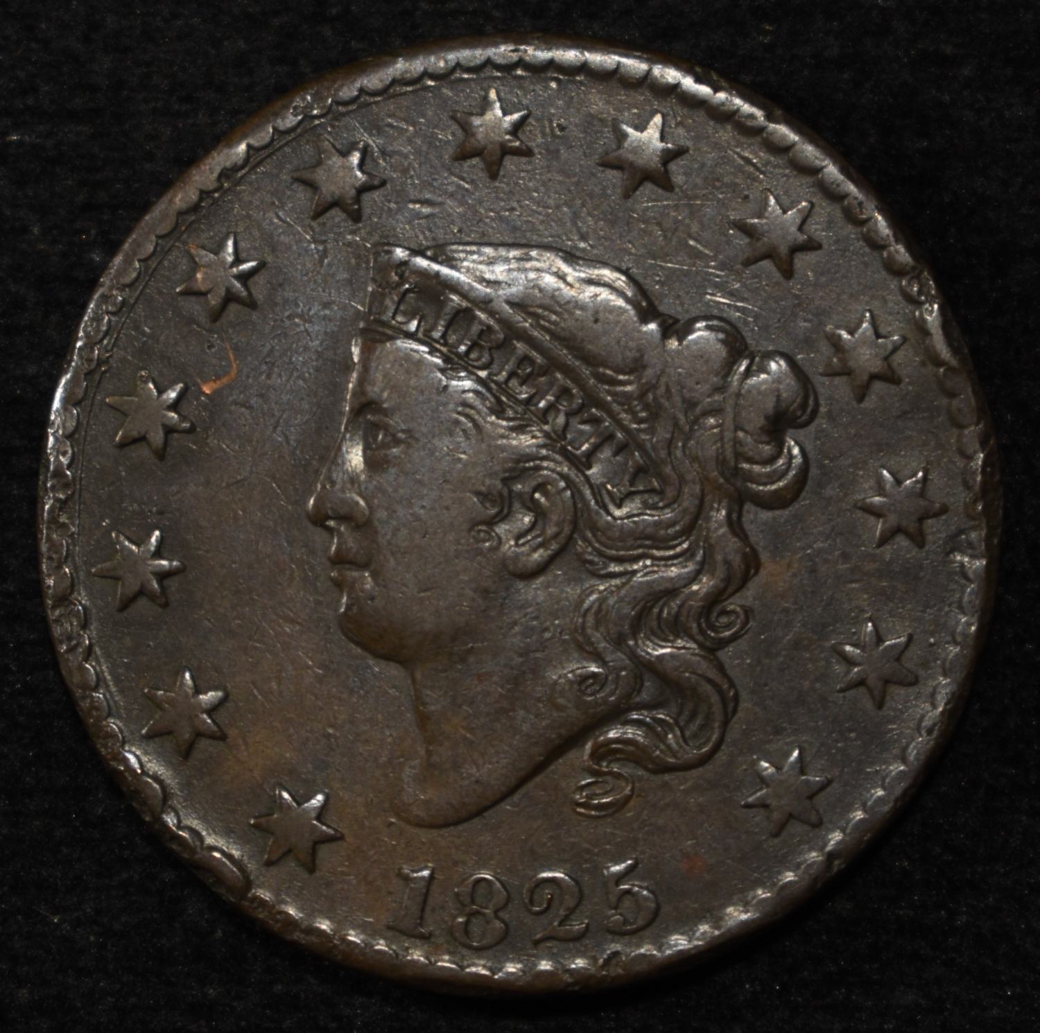 1825 LARGE CENT VF RIM DINGS