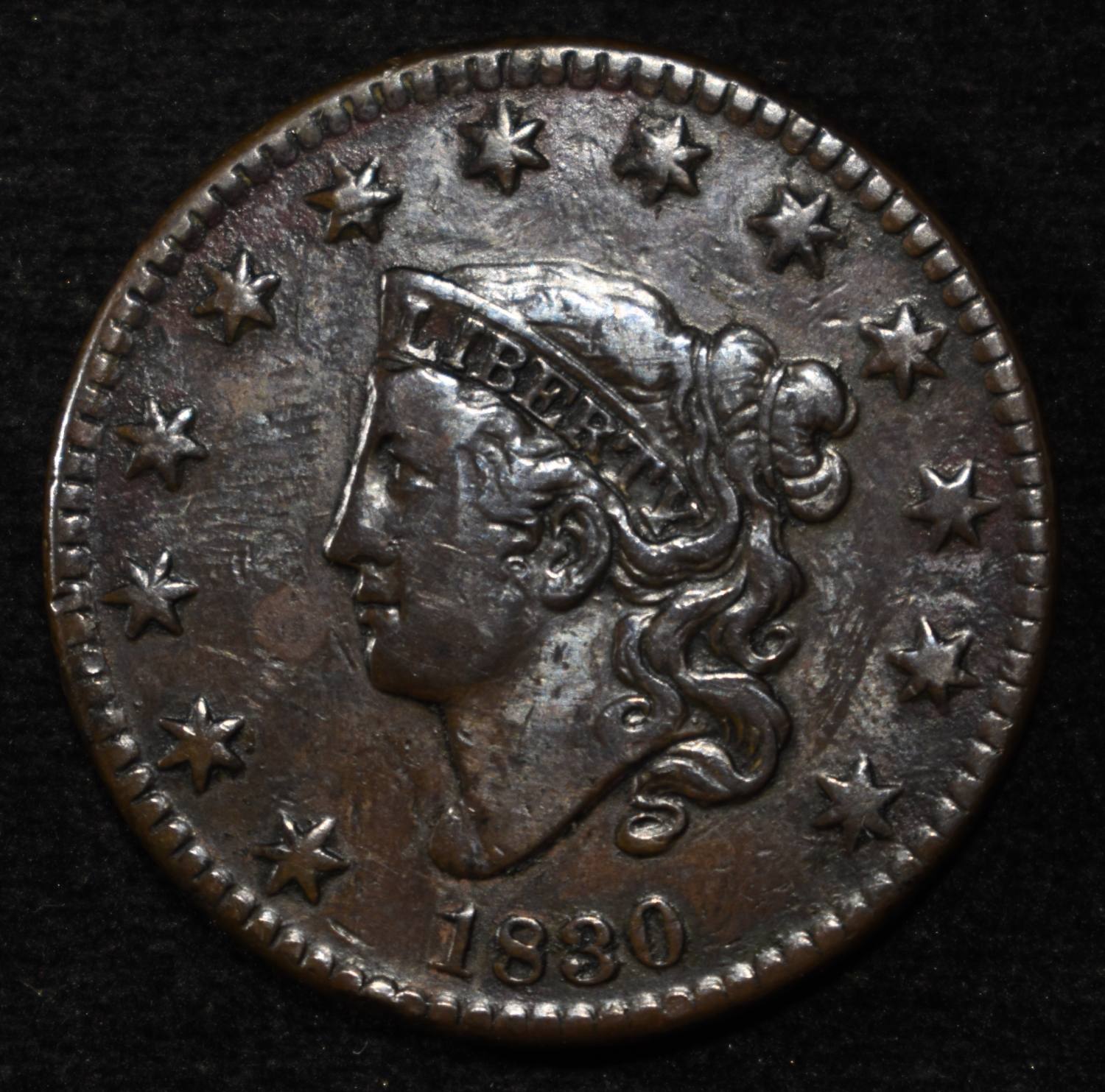1830 LARGE CENT VF