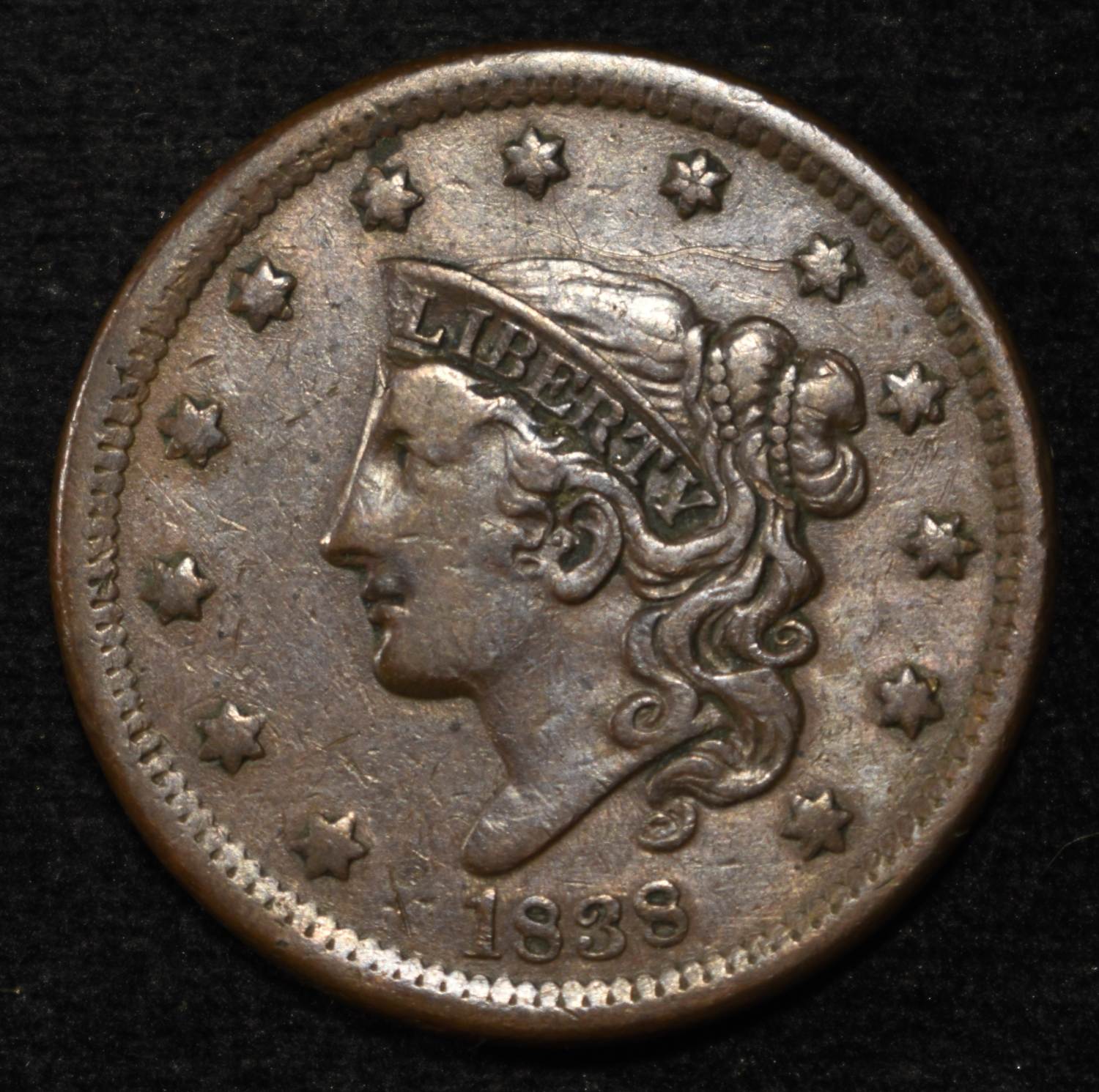 1838 LARGE CENT XF SCRATCH