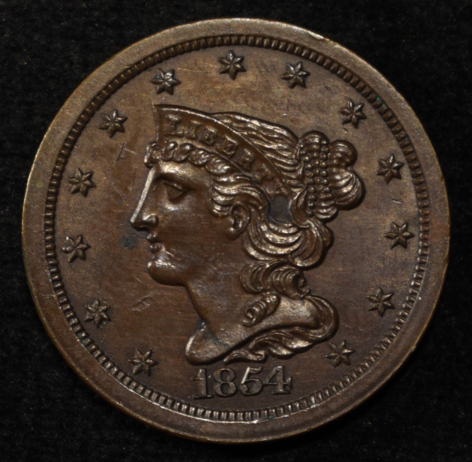1854 BRAIDED HAIR HALF CENT GEM ORIG UNC