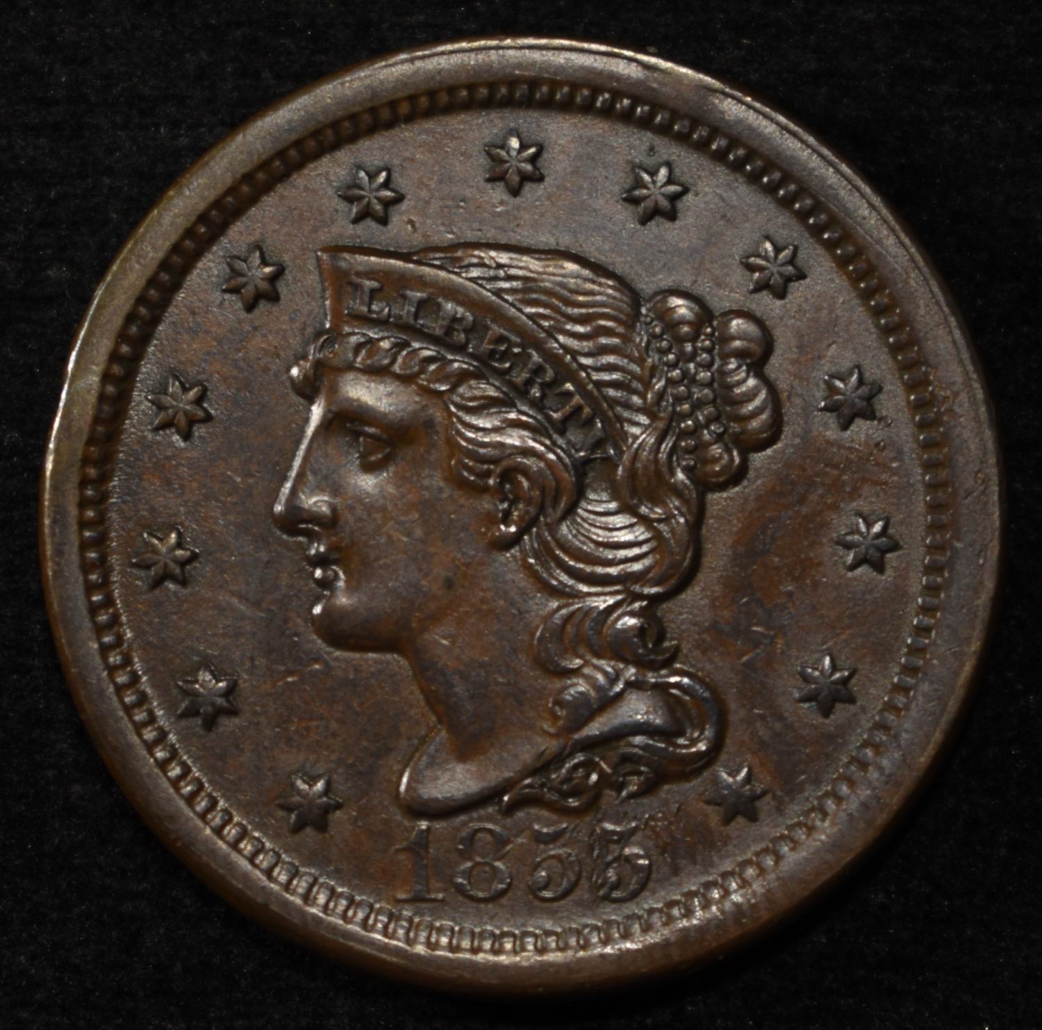 1855 BRAIDED HAIR LARGE CENT UPRIGHT 5 CH UNC