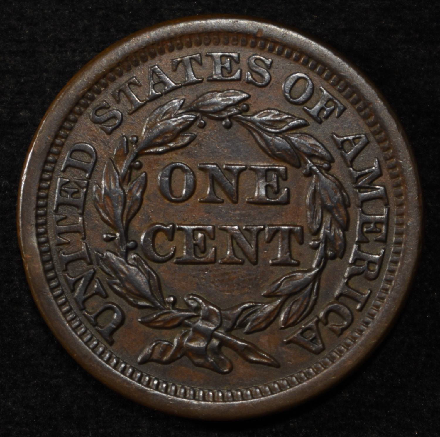 1855 BRAIDED HAIR LARGE CENT UPRIGHT 5 CH UNC