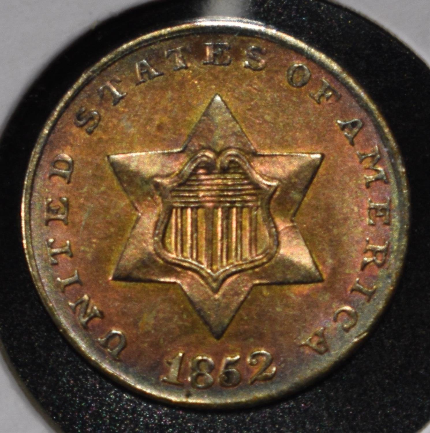 1852 3-CENT SILVER GEM BU TONED