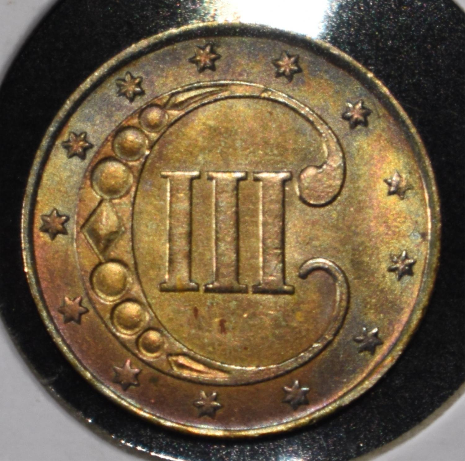 1852 3-CENT SILVER GEM BU TONED