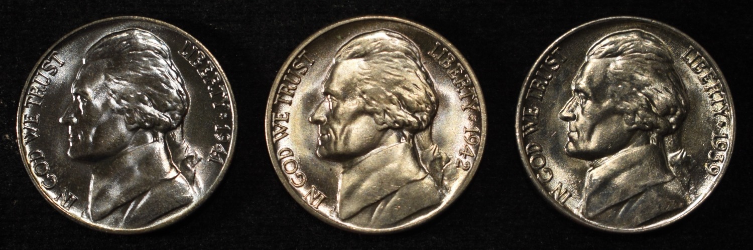 1939, 1941 & 1942-D JEFFERSON NICKELS GEM BU FS