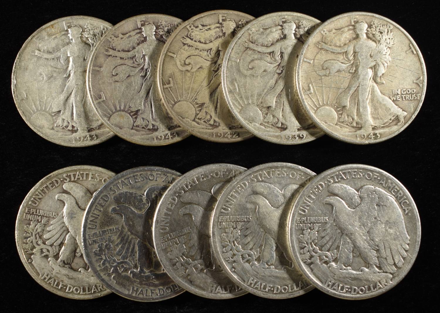 (10) 90% SILVER WALKING LIBERTY HALF DOLLARS