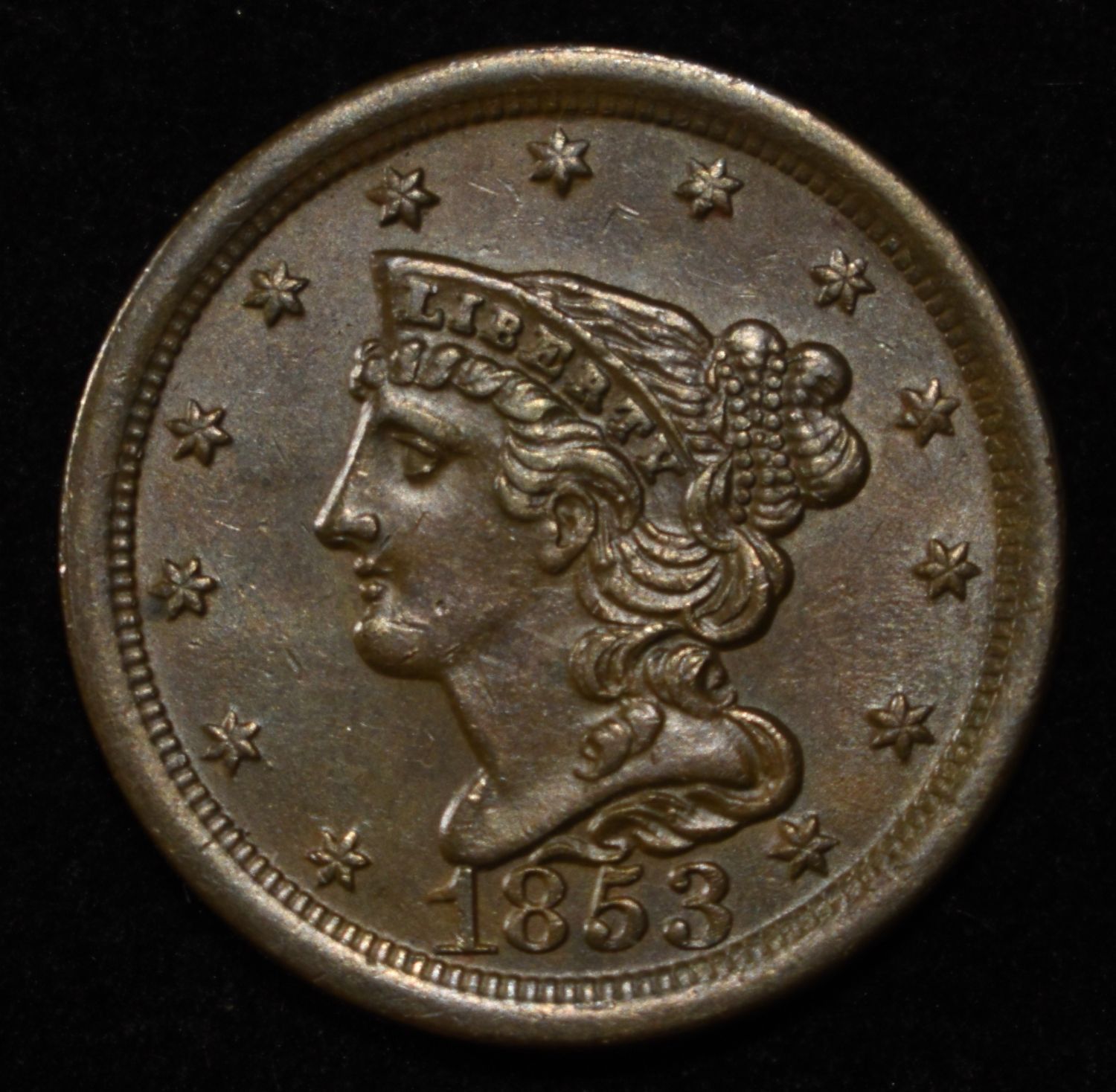 1853 BRAIDED HAIR HALF CENT CH ORIG UNC